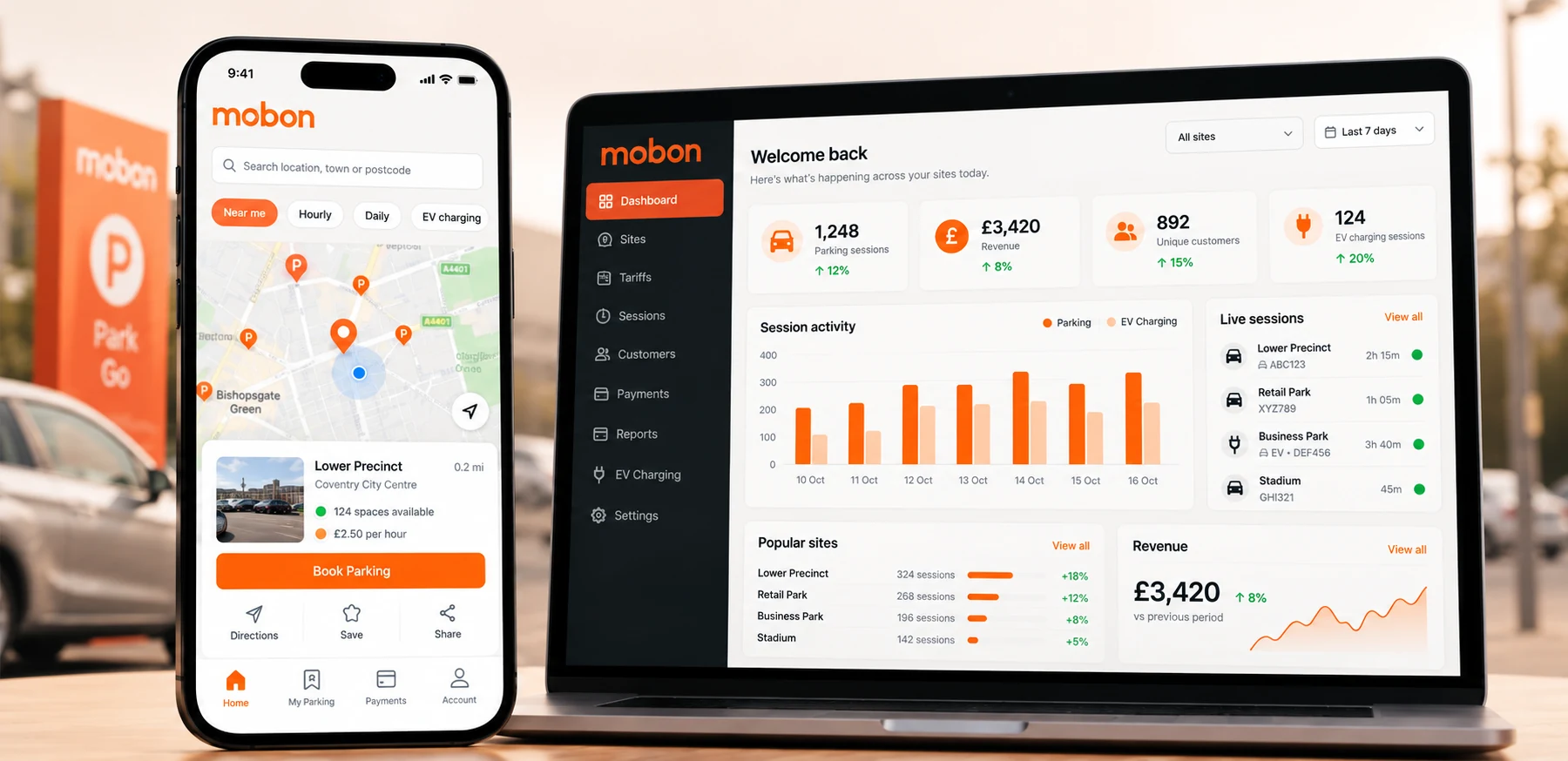 Conceptual Mobon parking mobile app and operator dashboard mockup in orange and charcoal branding
