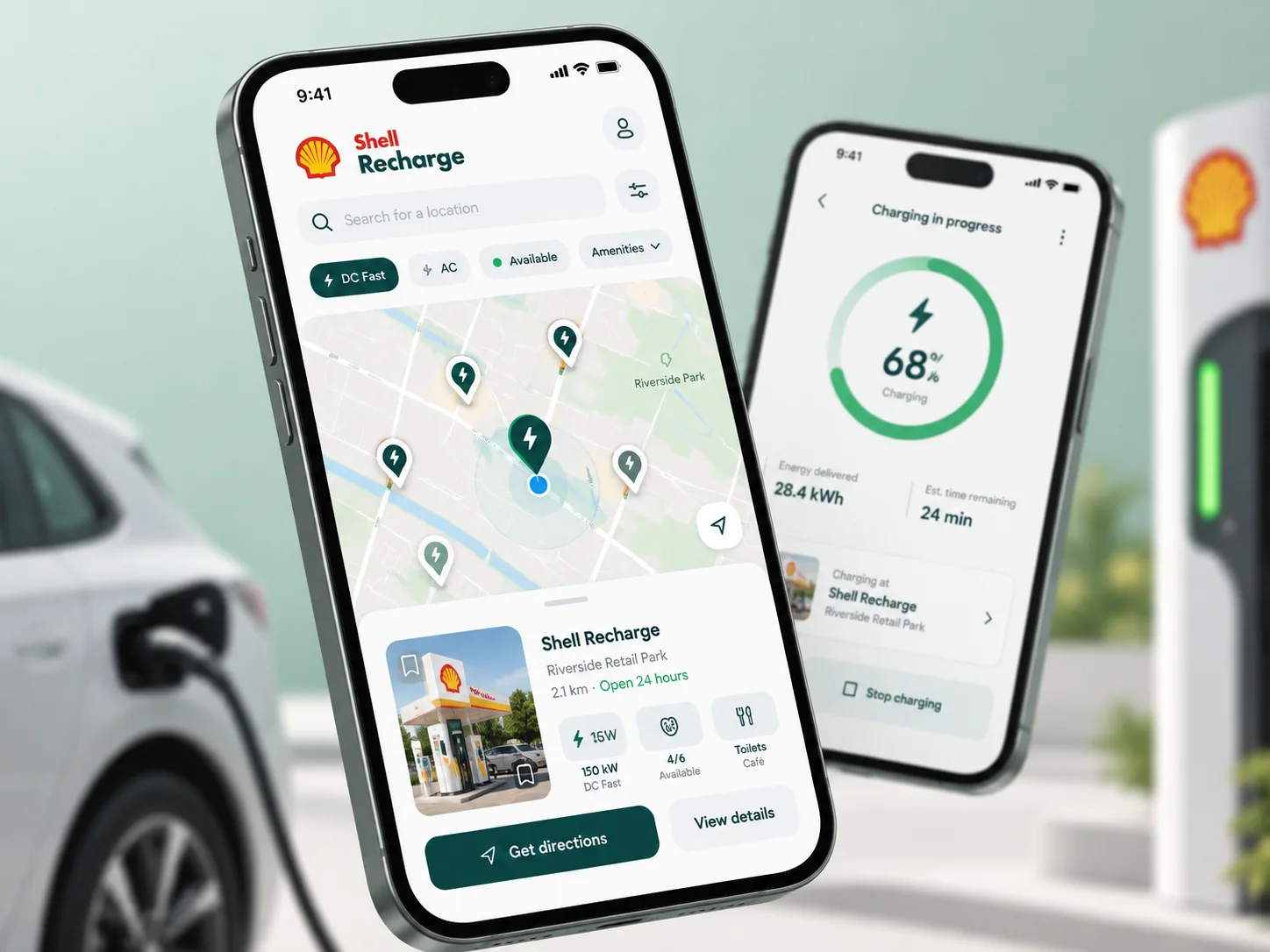 Illustrative Shell Recharge EV charging smartphone app mockup